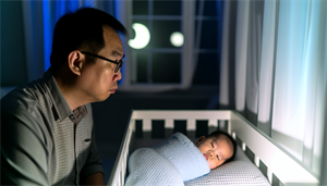 Photo of a concerned parent observing a sleeping baby