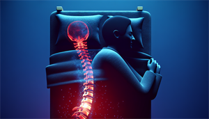 Illustration of a person sleeping with discomfort, representing the connection between sleep apnea and chronic back pain
