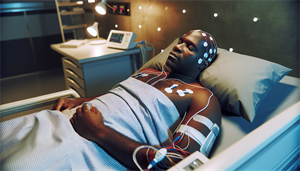 Photo of a patient undergoing polysomnography for sleep apnea diagnosis