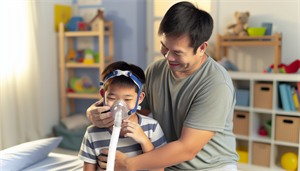 Child using a CPAP machine with parental support