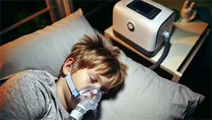 Photo of a child sleeping with a CPAP machine