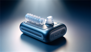 Illustration of a compact micro CPAP device with silicon nose buds and micro blowers