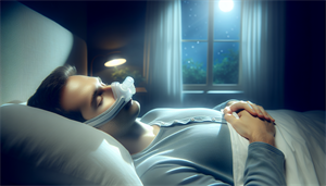 Illustration of a person experiencing reduced snoring with an anti-snore micro CPAP device