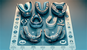 An illustration comparing different types of snoring mouthpieces, including mandibular advancement devices and tongue-retaining devices.