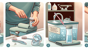 An illustration demonstrating the maintenance of a snoring mouthpiece, showing cleaning and care tips.