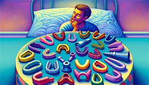 An illustration of a person choosing the right snoring mouthpiece, surrounded by various options.