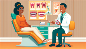 An illustration of a patient consulting with a dentist about a custom snoring mouthpiece.