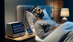Illustration of a sleep study setup with monitoring equipment for diagnosing snoring issues