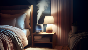 Illustration of a bedroom with a humidifier