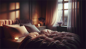 Illustration of a tranquil sleep environment with dim lighting and comfortable bedding