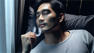 Illustration of a person using an oral device for sleep apnea
