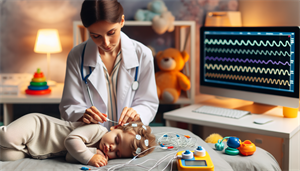 Illustration of a pediatric sleep specialist conducting a sleep study on a toddler