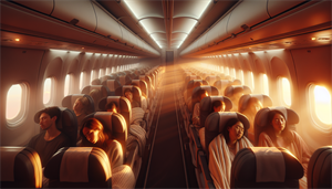 Airplane cabin with passengers resting and sleeping