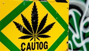Photo of a caution sign with cannabis leaf symbol